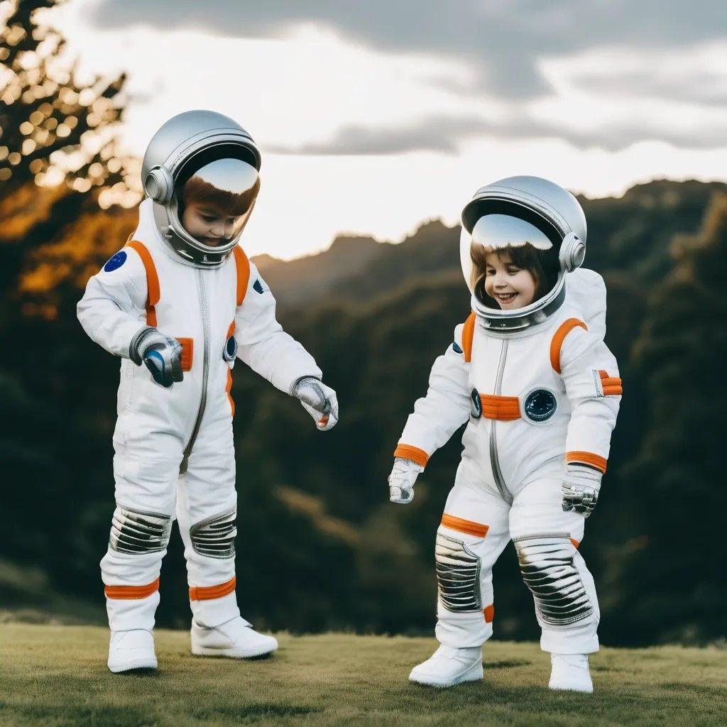 Two children in astronaut costumes playing outside on grass with a blurred forest background.